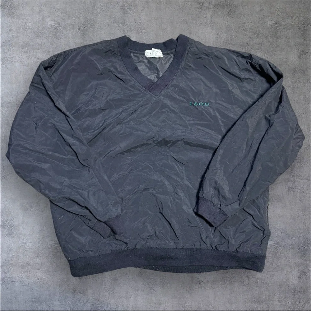 Izod Sweater Men's Large Black‎ Pullover Windbreaker V-Neck Pockets Logo Golf